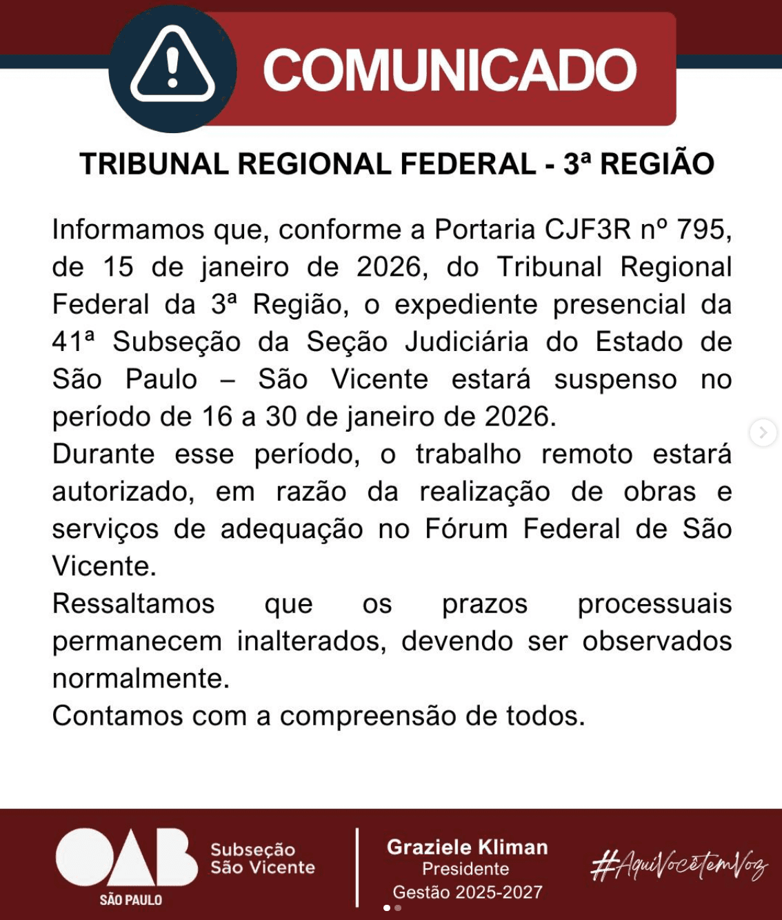 Comunicado Tribunal Regional Federal - 3ª Região