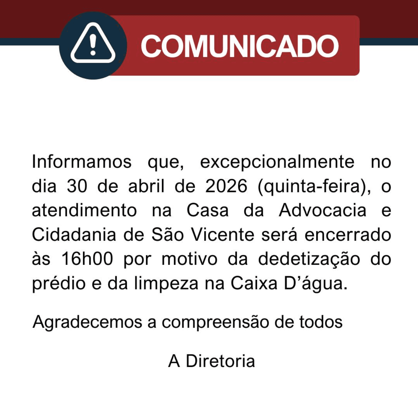 Comunicado: Manutenção na Casa da Advocacia 30/04