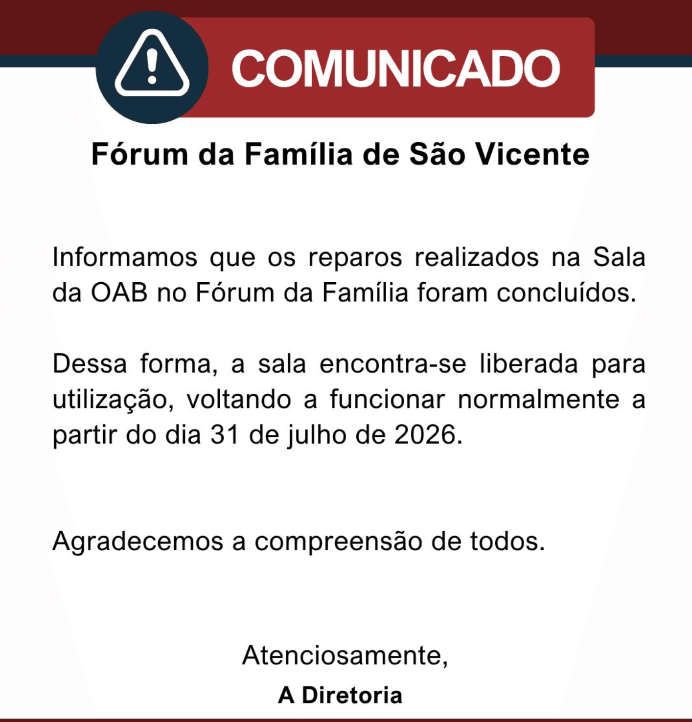 Reparos concluídos - Sala do Fórum da Família